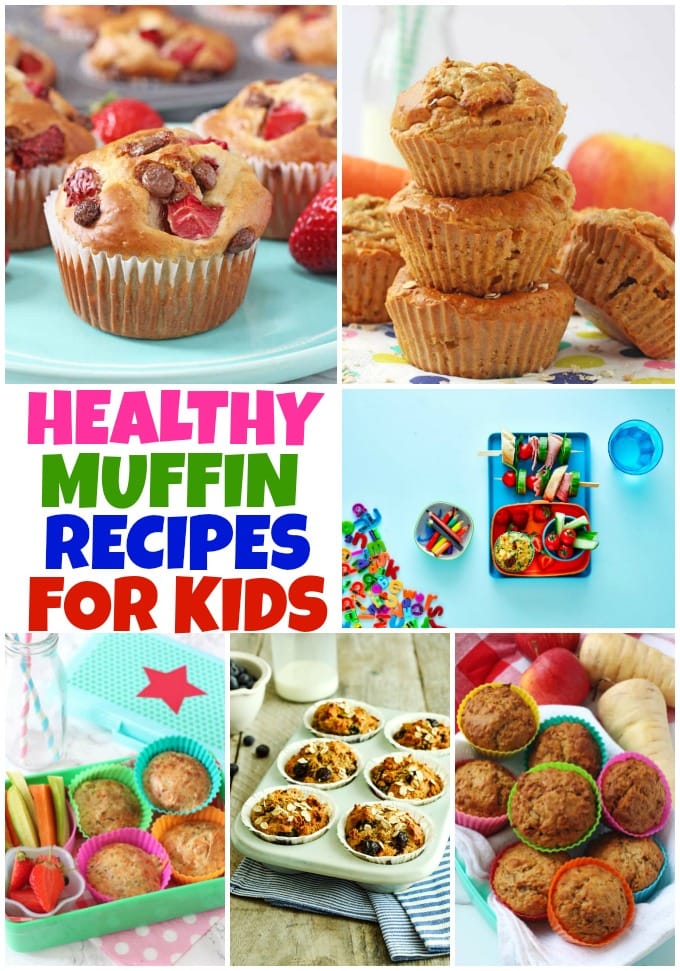 A collage of photos showing healthy muffin recipes for kids.