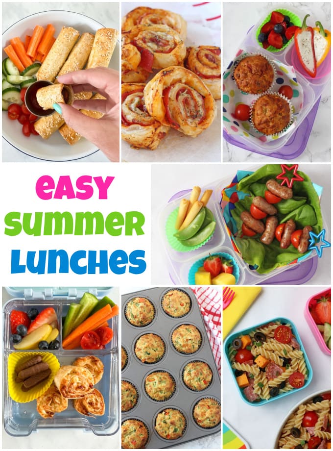 Collage of easy summer lunches for kids.